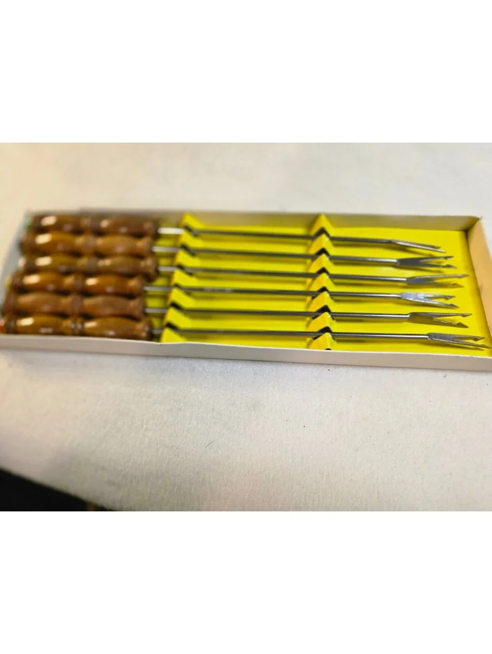 Vintage Tanco Stainless Steel Fondue Forks Set of 6 Wood Handles Original Box